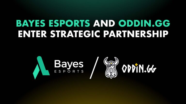 Image of Bayes Esports and Oddin.gg logos separated by forward slash on a black, yellow, and turquoise background. White and turquoise text is above the two logos.