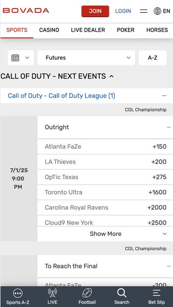 call of duty odds on bovada