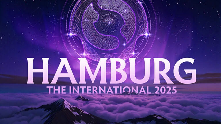 Image of Dota 2 The International trophy on a purple background. Text reading Hamburg and The International 2025 is in the foreground