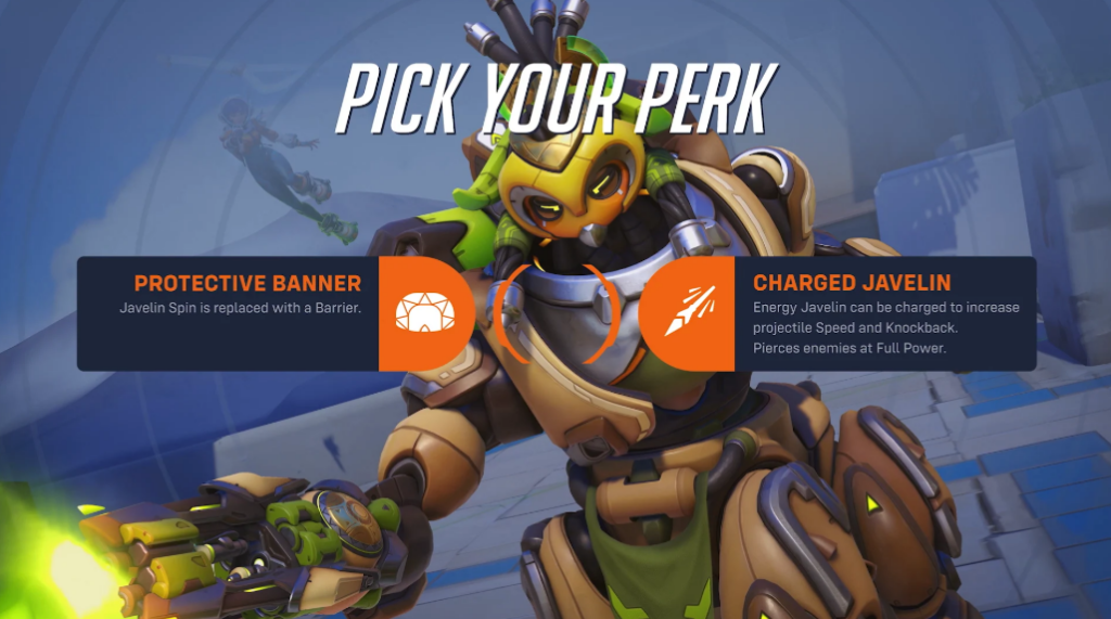 Image of Overwatch 2 Perks with an Overwatch 2 hero in the background